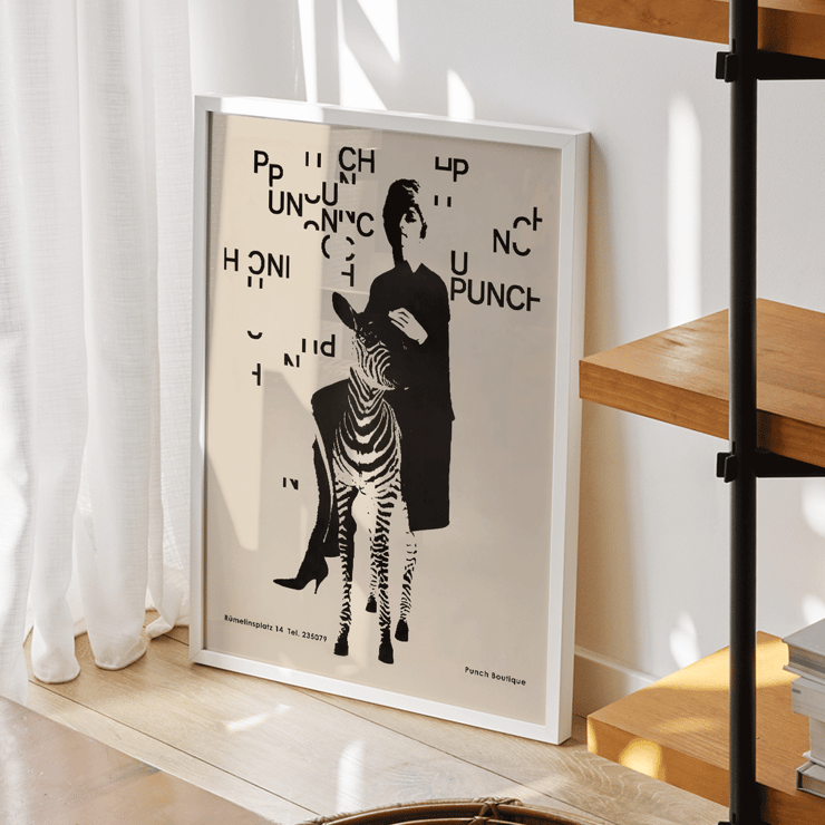 Fashionable woman with a zebra by Paul Mitzkat Punch Boutique Poster Punch Boutique Poster by Paul Mitzkat features a monochrome design with a woman and zebra surrounded by floating text elements.