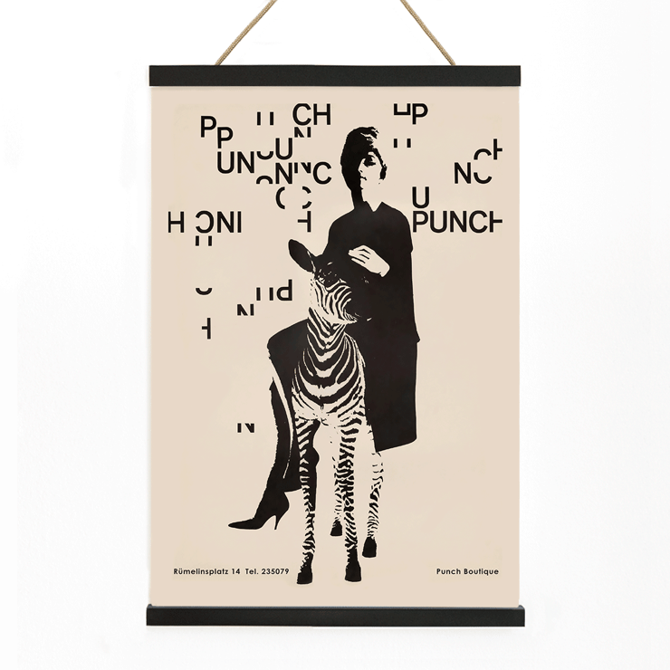 Fashionable woman with a zebra by Paul Mitzkat Punch Boutique Poster Punch Boutique Poster by Paul Mitzkat features a monochrome design with a woman and zebra surrounded by floating text elements.