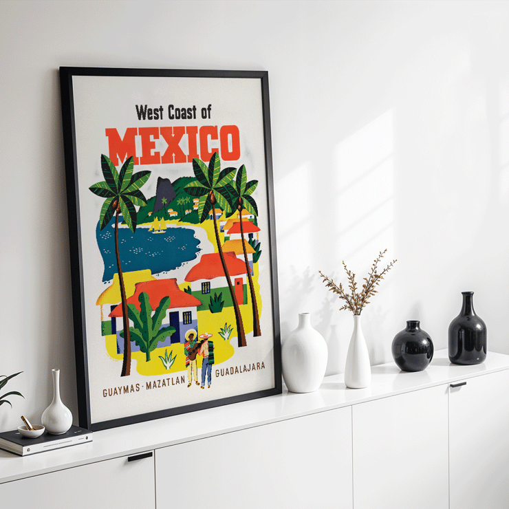 Colorful vintage travel poster of the West Coast of Mexico by Ray Bethers featuring palm trees and vibrant houses. Poster featuring the West Coast of Mexico with palm trees and colorful houses by Ray Bethers.