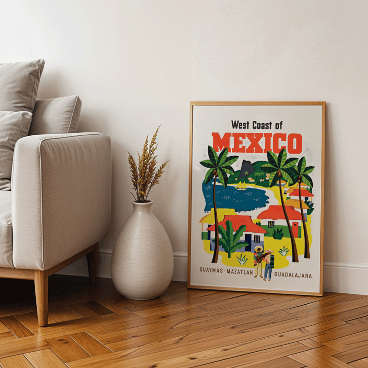 Colorful vintage travel poster of the West Coast of Mexico by Ray Bethers featuring palm trees and vibrant houses. Poster featuring the West Coast of Mexico with palm trees and colorful houses by Ray Bethers.