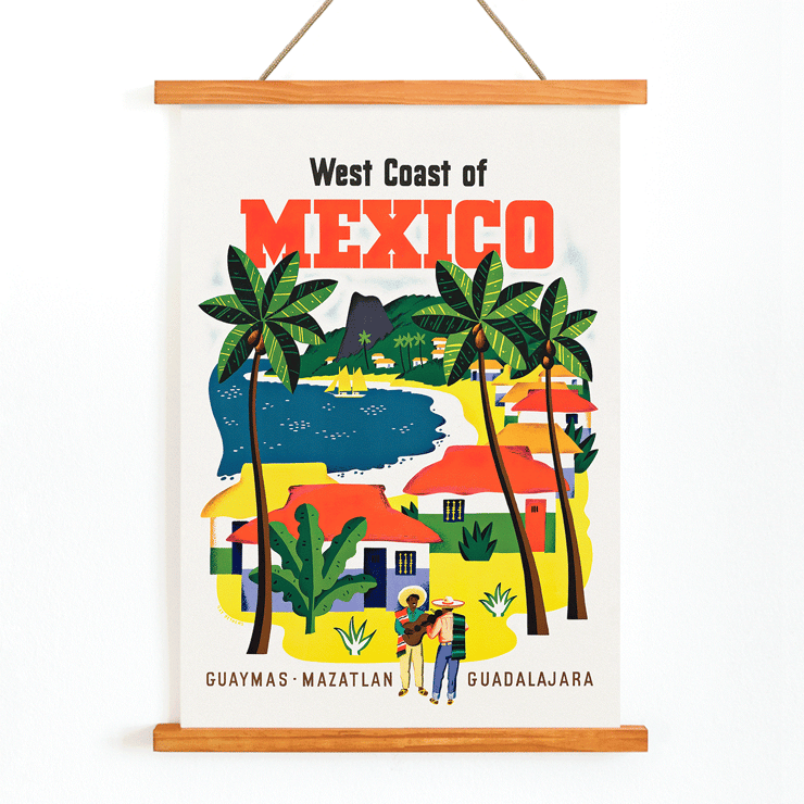 Colorful vintage travel poster of the West Coast of Mexico by Ray Bethers featuring palm trees and vibrant houses. Poster featuring the West Coast of Mexico with palm trees and colorful houses by Ray Bethers.