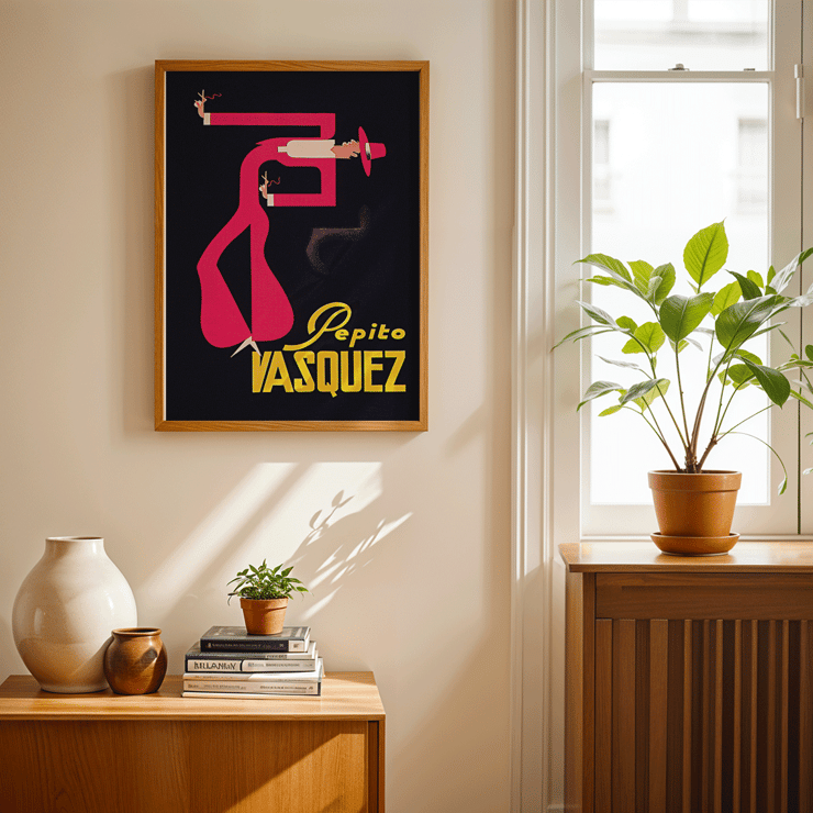 Abstract figure in bright colors in Pepito Vasquez by Tito Livio De Madrazo Poster of a stylized abstract figure in pink and red on a black background by Tito Livio De Madrazo titled Pepito Vasquez.