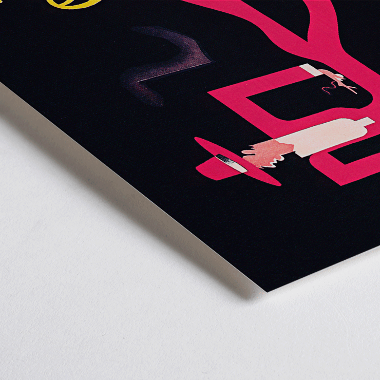 Abstract figure in bright colors in Pepito Vasquez by Tito Livio De Madrazo Poster of a stylized abstract figure in pink and red on a black background by Tito Livio De Madrazo titled Pepito Vasquez.
