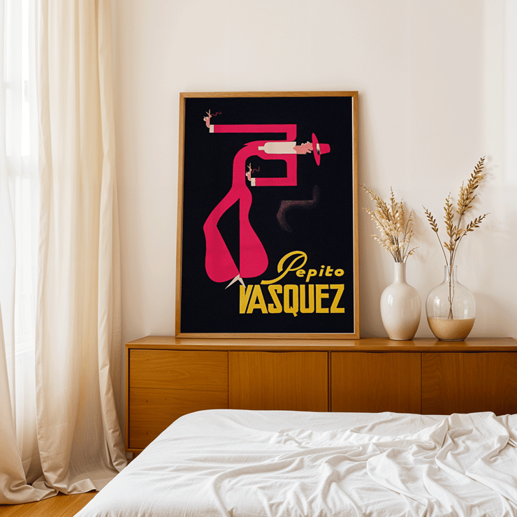 Abstract figure in bright colors in Pepito Vasquez by Tito Livio De Madrazo Poster of a stylized abstract figure in pink and red on a black background by Tito Livio De Madrazo titled Pepito Vasquez.