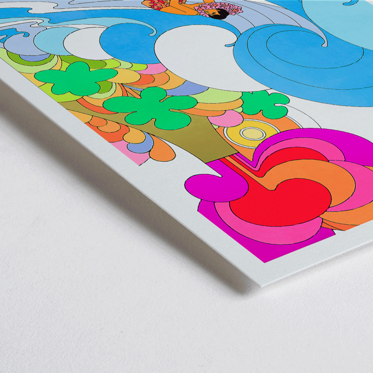 Continental Hawaii Airline Surf artwork featuring a colorful surfing scene by artist. Poster of a surfer riding a wave in vibrant colors promoting Hawaii by Continental Airline titled Surf by Anonymous.