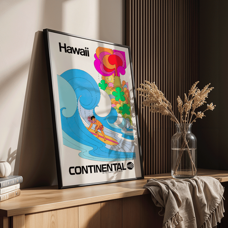 Continental Hawaii Airline Surf artwork featuring a colorful surfing scene by artist. Poster of a surfer riding a wave in vibrant colors promoting Hawaii by Continental Airline titled Surf by Anonymous.
