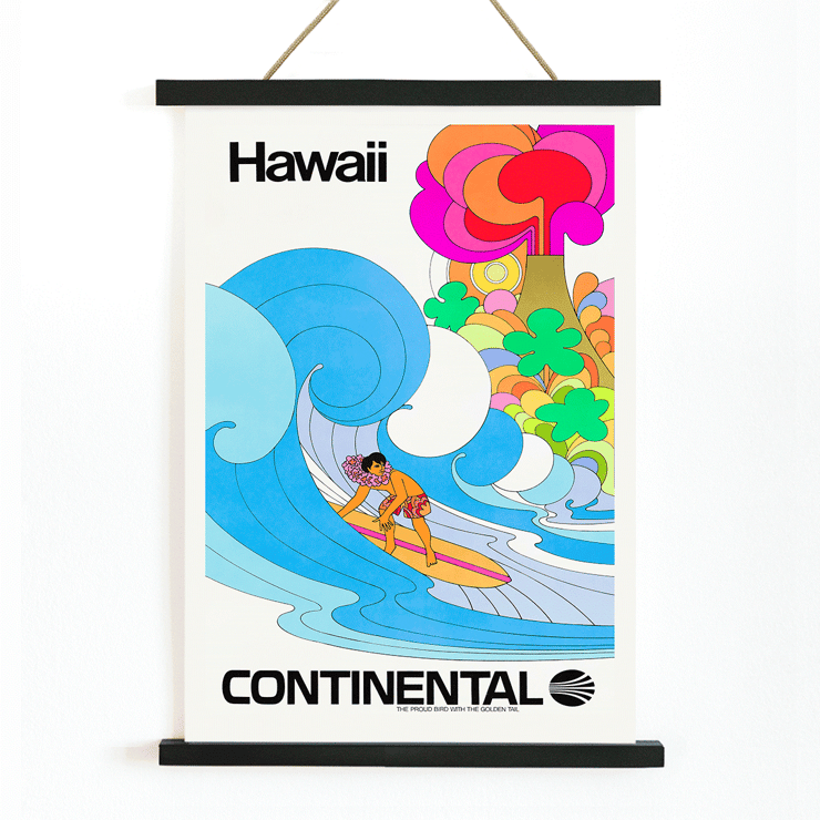 Continental Hawaii Airline Surf artwork featuring a colorful surfing scene by artist. Poster of a surfer riding a wave in vibrant colors promoting Hawaii by Continental Airline titled Surf by Anonymous.