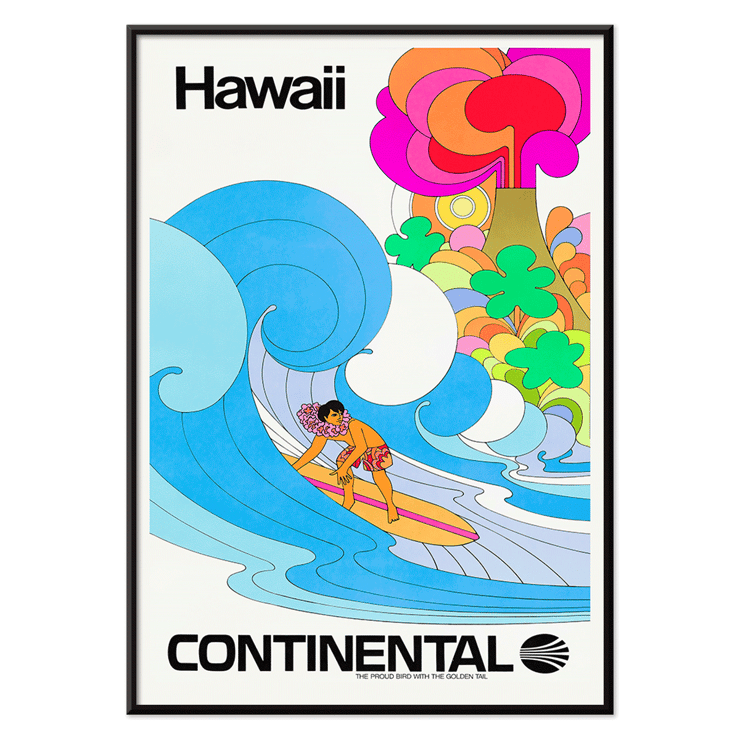 Continental Hawaii Airline Surf artwork featuring a colorful surfing scene by artist. Poster of a surfer riding a wave in vibrant colors promoting Hawaii by Continental Airline titled Surf by Anonymous.