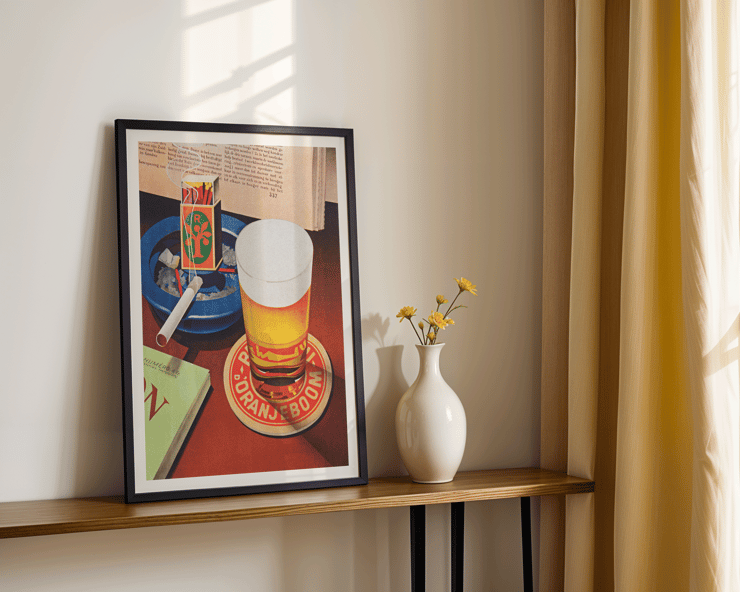 Beer and cigarette with Oranjeboom matchbox still life by Bernd Steiner artist. Poster featuring a beer glass on Oranjeboom coaster with a cigarette in ashtray beside matchbox by Anonymous