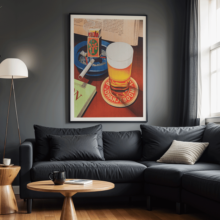 Beer and cigarette with Oranjeboom matchbox still life by Bernd Steiner artist. Poster featuring a beer glass on Oranjeboom coaster with a cigarette in ashtray beside matchbox by Anonymous