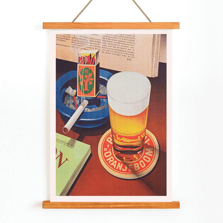 Beer and cigarette with Oranjeboom matchbox still life by Bernd Steiner artist. Poster featuring a beer glass on Oranjeboom coaster with a cigarette in ashtray beside matchbox by Anonymous