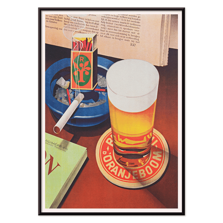 Beer and cigarette with Oranjeboom matchbox still life by Bernd Steiner artist. Poster featuring a beer glass on Oranjeboom coaster with a cigarette in ashtray beside matchbox by Anonymous