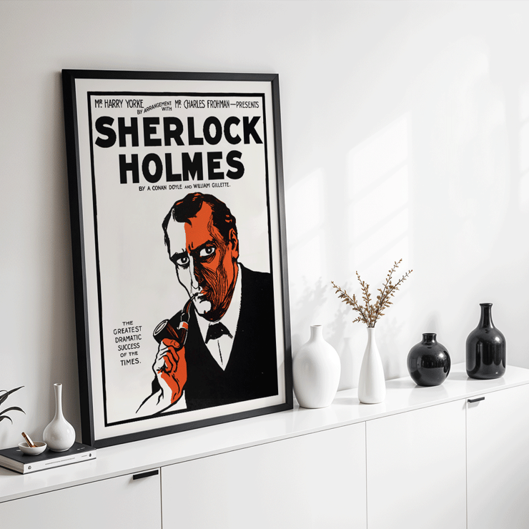 Sherlock Holmes Theater Poster by Conan Doyle and William Gillette featuring dramatic illustration with pipe. Sherlock Holmes Theater Poster featuring dramatic illustrated portrait of detective with a pipe by Arthur Conan Doyle and William Gillette