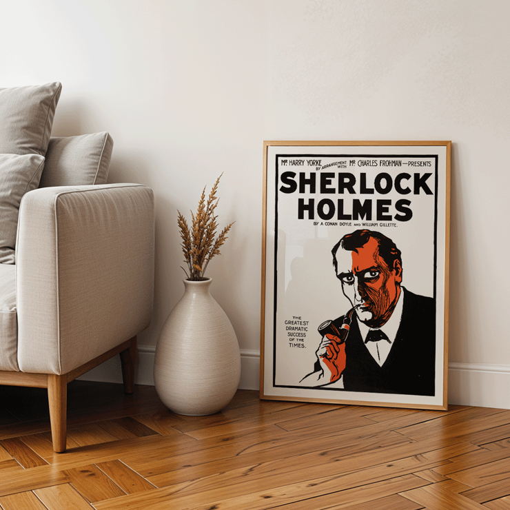 Sherlock Holmes Theater Poster by Conan Doyle and William Gillette featuring dramatic illustration with pipe. Sherlock Holmes Theater Poster featuring dramatic illustrated portrait of detective with a pipe by Arthur Conan Doyle and William Gillette