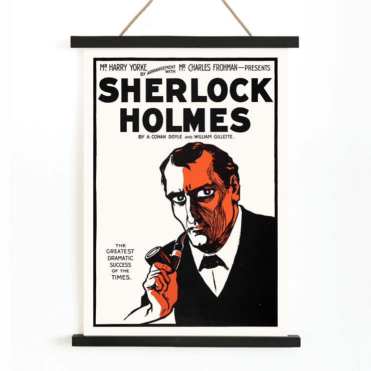 Sherlock Holmes Theater Poster by Conan Doyle and William Gillette featuring dramatic illustration with pipe. Sherlock Holmes Theater Poster featuring dramatic illustrated portrait of detective with a pipe by Arthur Conan Doyle and William Gillette