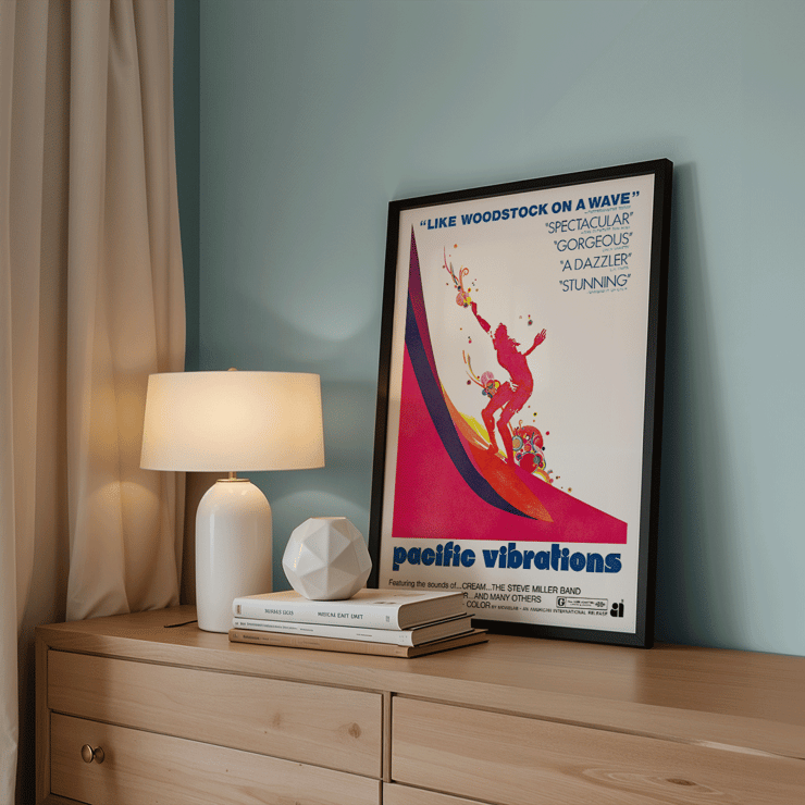 Pacific Vibrations Surfing Documentary Poster by John Severson Featuring Colorful Surfer Illustrations Colorful poster of a surfer on a wave for the surfing documentary Pacific Vibrations by John Severson.