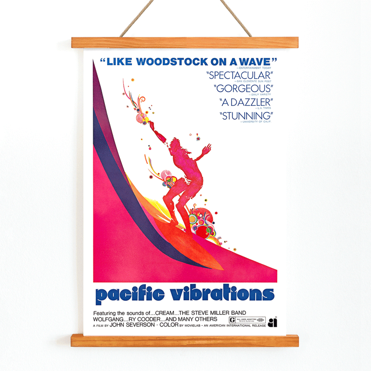 Pacific Vibrations Surfing Documentary Poster by John Severson Featuring Colorful Surfer Illustrations Colorful poster of a surfer on a wave for the surfing documentary Pacific Vibrations by John Severson.