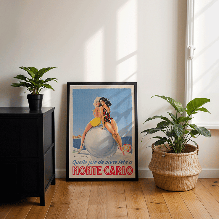 Artwork by Louis Icart titled Monte Carlo featuring two women in swimsuits sitting on a large ball. Poster showing two women seated on a large ball at the beach with text Monte Carlo by Louis Icart.