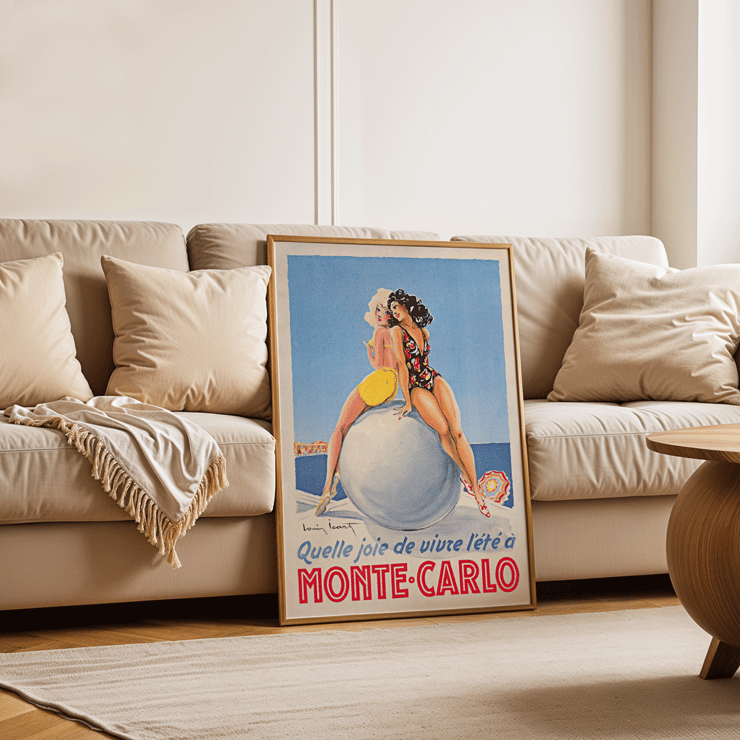 Artwork by Louis Icart titled Monte Carlo featuring two women in swimsuits sitting on a large ball. Poster showing two women seated on a large ball at the beach with text Monte Carlo by Louis Icart.