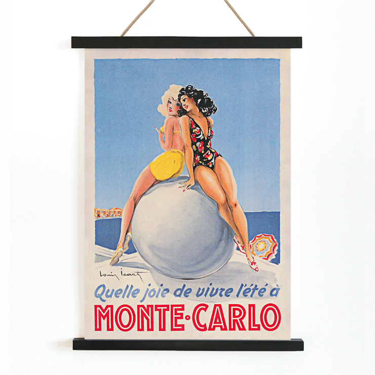 Artwork by Louis Icart titled Monte Carlo featuring two women in swimsuits sitting on a large ball. Poster showing two women seated on a large ball at the beach with text Monte Carlo by Louis Icart.