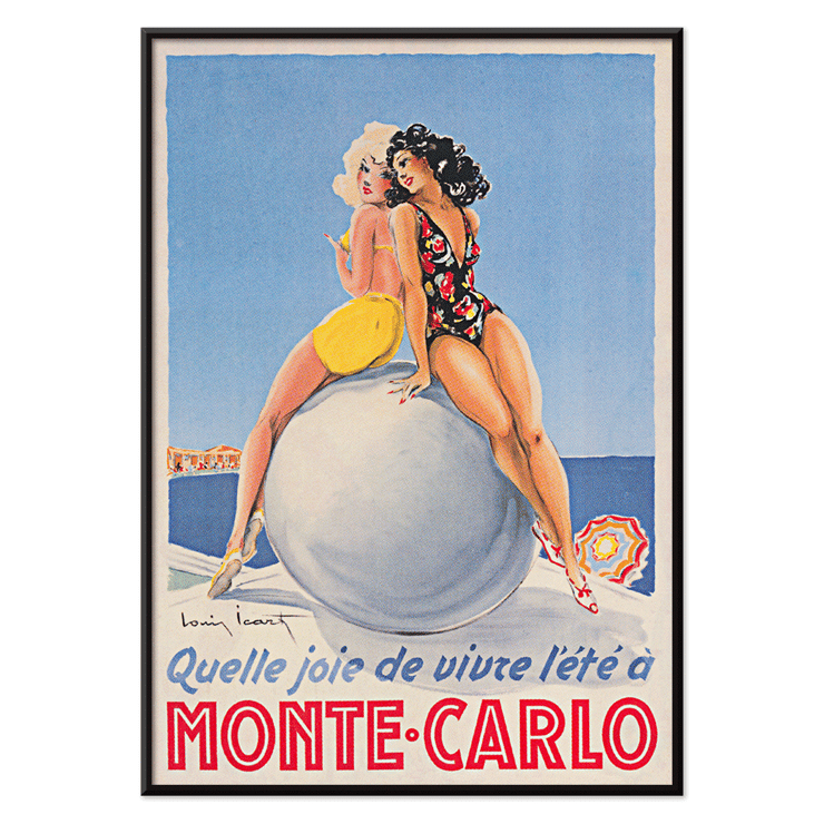 Artwork by Louis Icart titled Monte Carlo featuring two women in swimsuits sitting on a large ball. Poster showing two women seated on a large ball at the beach with text Monte Carlo by Louis Icart.
