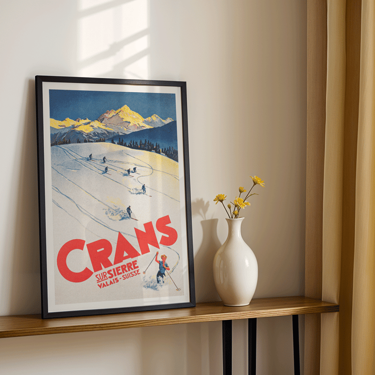 Crans sur Sierre Switzerland Ski Poster by Martin Peikert showcases skiers on snowy mountain slopes. Crans sur Sierre Switzerland Ski Poster featuring skiers descending snowy slopes with mountain backdrop vibrant art piece.