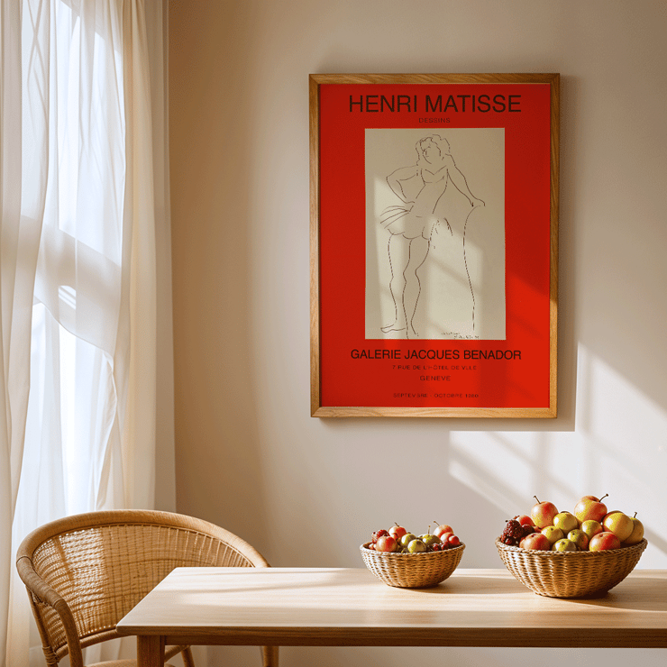 Henri Matisse line drawing at Galerie Jacques Benador Geneve exhibition Poster for Exposition Matisse in Geneve featuring artwork by Henri Matisse with a minimalist line drawing of a standing figure.