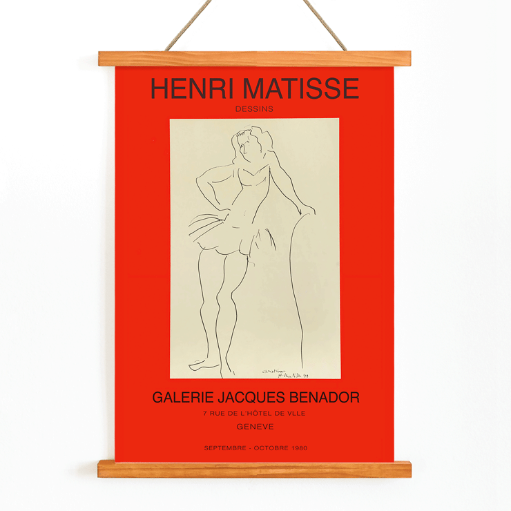 Henri Matisse line drawing at Galerie Jacques Benador Geneve exhibition Poster for Exposition Matisse in Geneve featuring artwork by Henri Matisse with a minimalist line drawing of a standing figure.