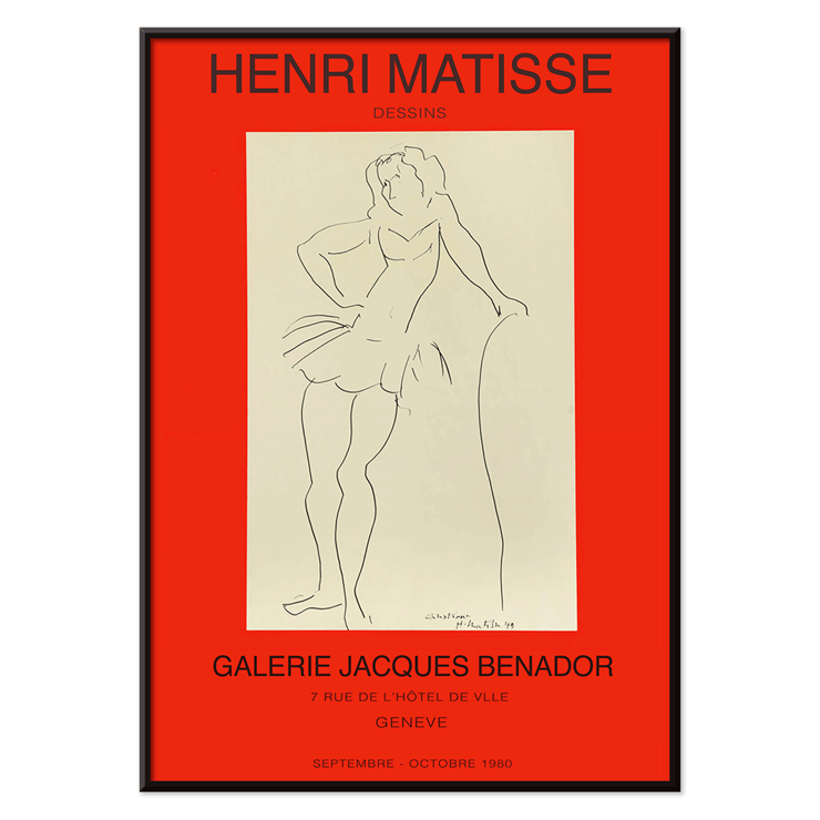 Henri Matisse line drawing at Galerie Jacques Benador Geneve exhibition Poster for Exposition Matisse in Geneve featuring artwork by Henri Matisse with a minimalist line drawing of a standing figure.
