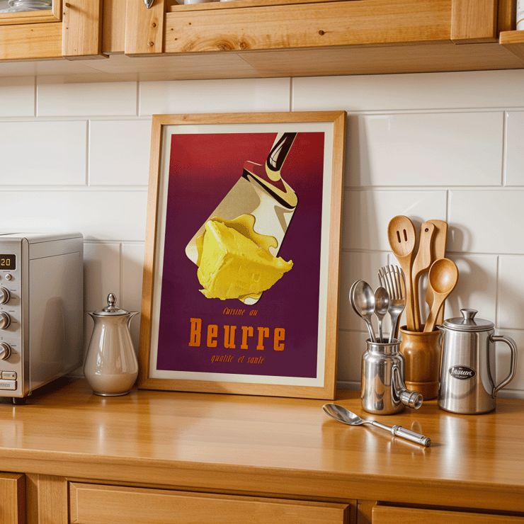 Retro butter advertisement art by Donald Brun titled Butter. Vintage poster featuring butter on a spatula with bold text in French by Donald Brun
