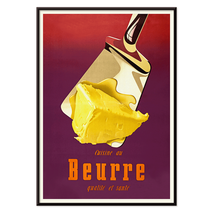 Retro butter advertisement art by Donald Brun titled Butter. Vintage poster featuring butter on a spatula with bold text in French by Donald Brun