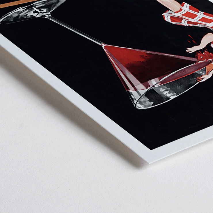 Balsam Aperitif by Jean d'Ylen featuring a woman sipping from a giant cocktail glass. Poster of Balsam Aperitif by Jean d'Ylen featuring a woman sipping from a giant glass with vibrant red contents.
