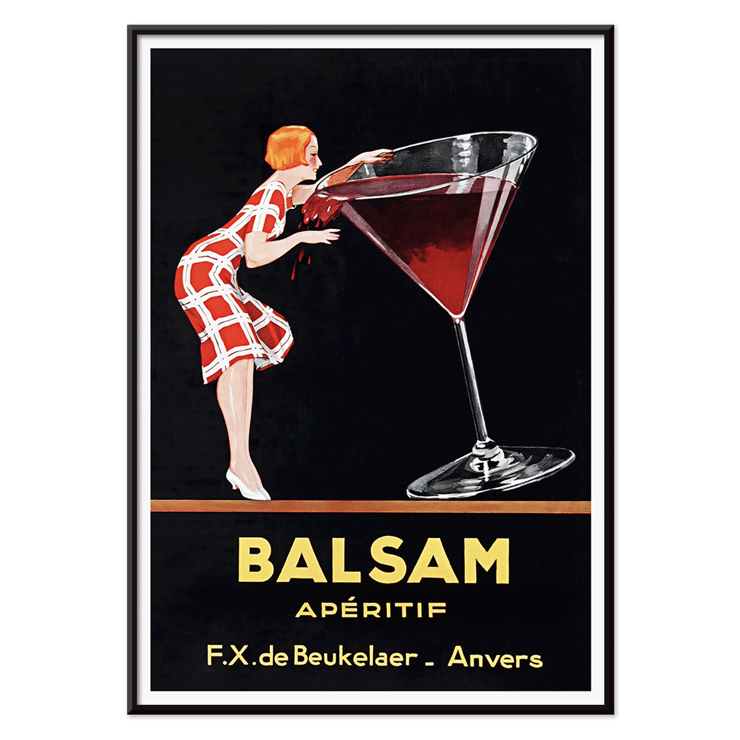 Balsam Aperitif by Jean d'Ylen featuring a woman sipping from a giant cocktail glass. Poster of Balsam Aperitif by Jean d'Ylen featuring a woman sipping from a giant glass with vibrant red contents.