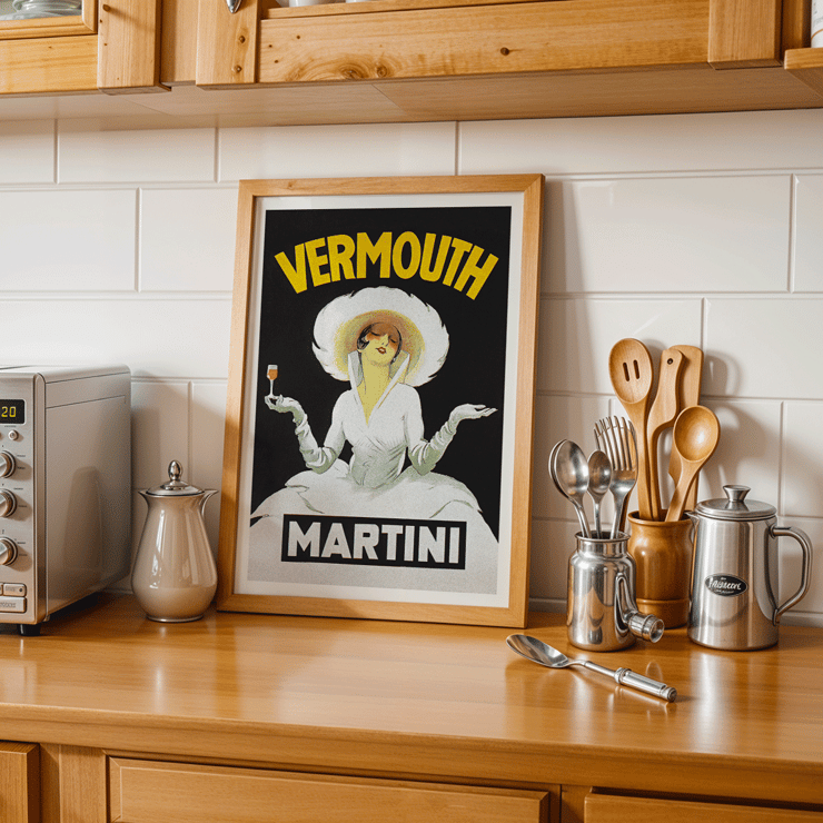 Vermouth Martini by Marcello Dudovich elegant woman with a glass of wine in vintage poster art Poster Vermouth Martini by Marcello Dudovich features an elegant woman in white holding a glass against a black background