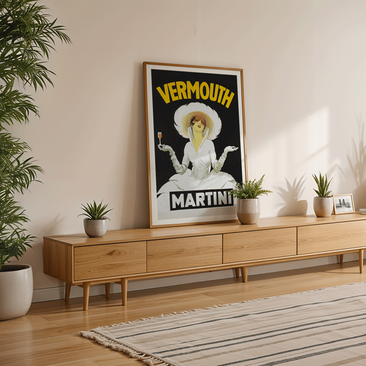 Vermouth Martini by Marcello Dudovich elegant woman with a glass of wine in vintage poster art Poster Vermouth Martini by Marcello Dudovich features an elegant woman in white holding a glass against a black background