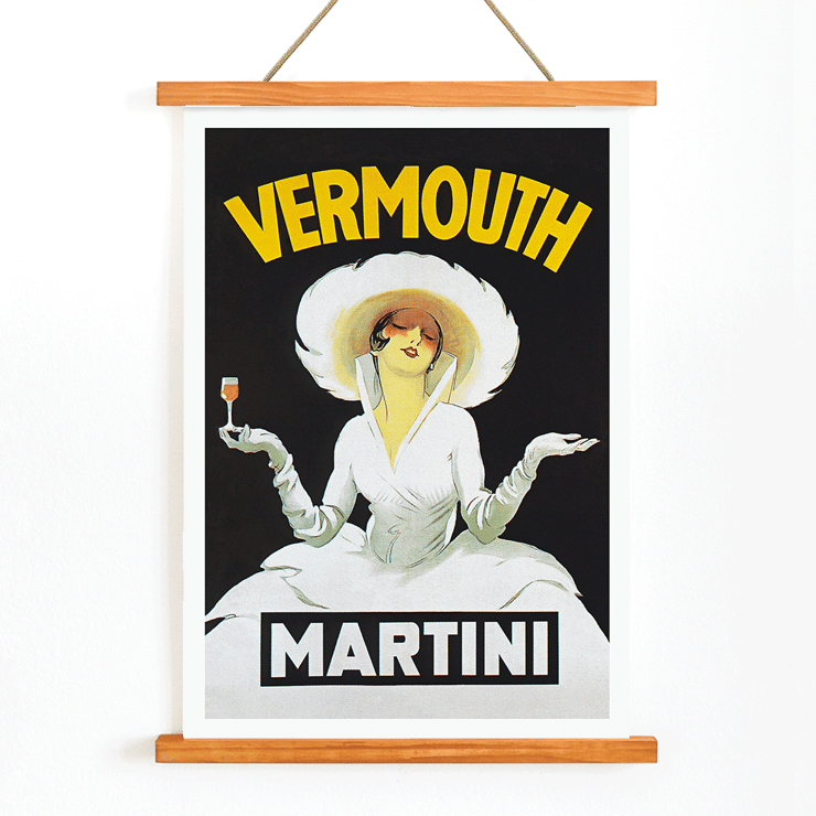 Vermouth Martini by Marcello Dudovich elegant woman with a glass of wine in vintage poster art Poster Vermouth Martini by Marcello Dudovich features an elegant woman in white holding a glass against a black background