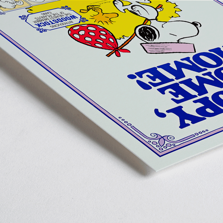 Snoopy Come Home movie poster by Charles Schulz featuring Snoopy and Woodstock in colorful illustration. Snoopy Come Home movie poster featuring Snoopy and Woodstock by Charles Schulz artwork showcasing Peanuts characters Lucy and Charlie Brown