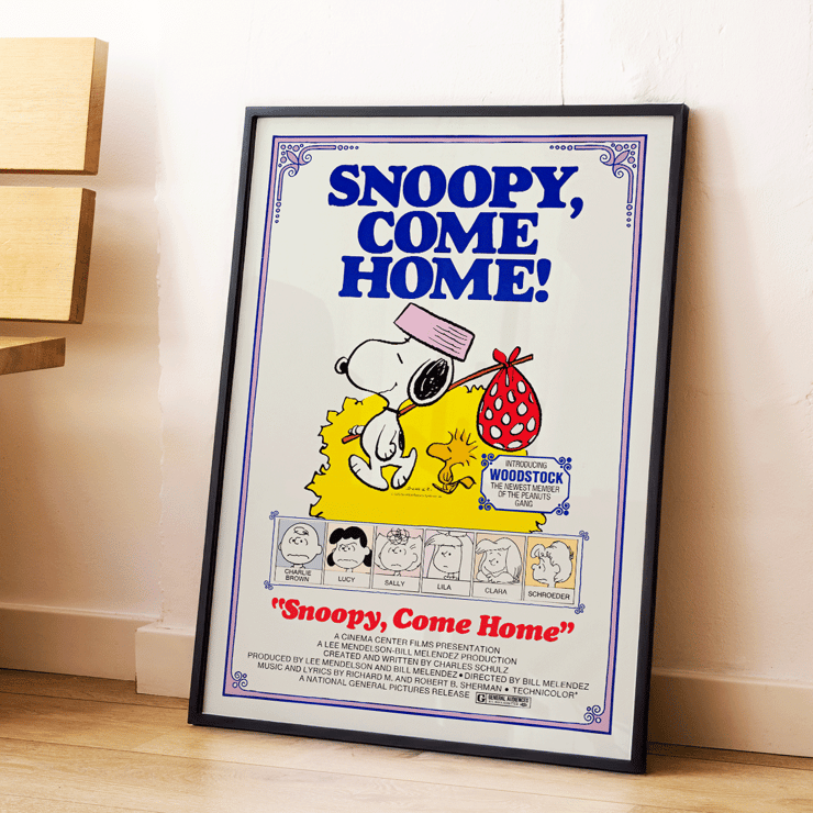 Snoopy Come Home movie poster by Charles Schulz featuring Snoopy and Woodstock in colorful illustration. Snoopy Come Home movie poster featuring Snoopy and Woodstock by Charles Schulz artwork showcasing Peanuts characters Lucy and Charlie Brown