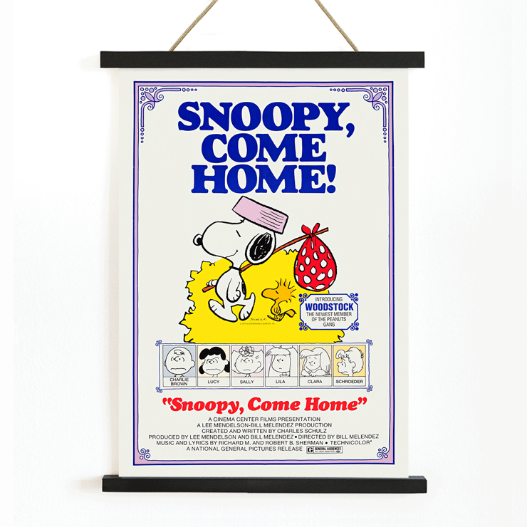 Snoopy Come Home movie poster by Charles Schulz featuring Snoopy and Woodstock in colorful illustration. Snoopy Come Home movie poster featuring Snoopy and Woodstock by Charles Schulz artwork showcasing Peanuts characters Lucy and Charlie Brown