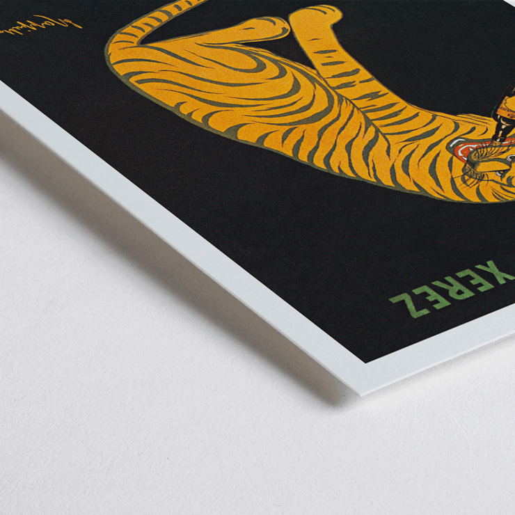 Leonetto Cappiello depicts a playful tiger for Xerez Pedro Domeco advertisement. Poster titled Xerez Pedro Domeco by Leonetto Cappiello featuring a tiger on a black background promoting Pedro Domecq wine.