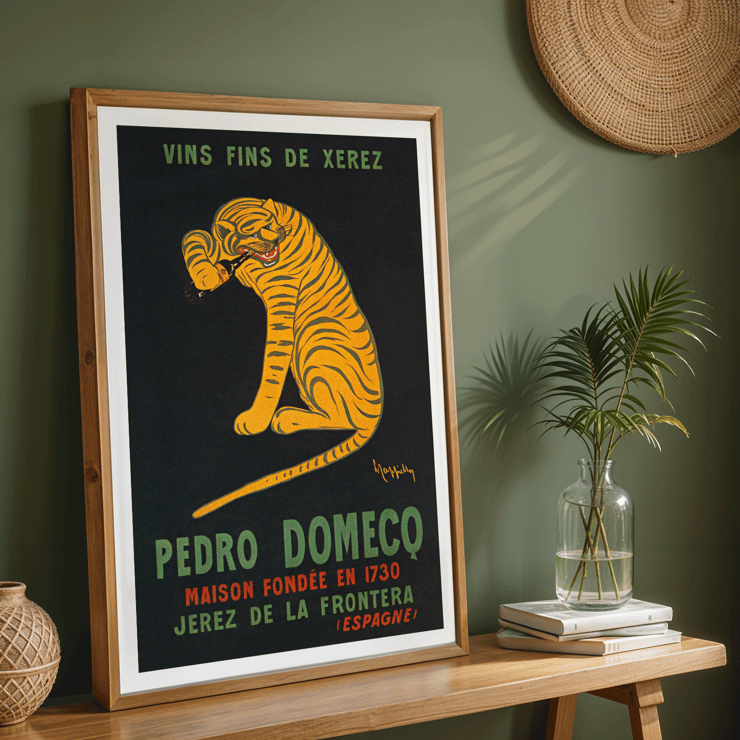 Leonetto Cappiello depicts a playful tiger for Xerez Pedro Domeco advertisement. Poster titled Xerez Pedro Domeco by Leonetto Cappiello featuring a tiger on a black background promoting Pedro Domecq wine.