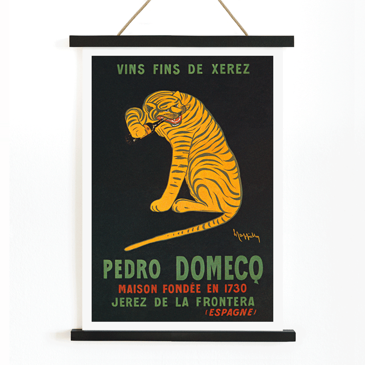 Leonetto Cappiello depicts a playful tiger for Xerez Pedro Domeco advertisement. Poster titled Xerez Pedro Domeco by Leonetto Cappiello featuring a tiger on a black background promoting Pedro Domecq wine.