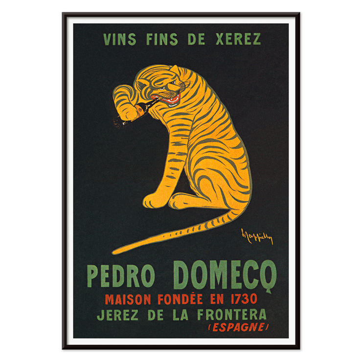 Leonetto Cappiello depicts a playful tiger for Xerez Pedro Domeco advertisement. Poster titled Xerez Pedro Domeco by Leonetto Cappiello featuring a tiger on a black background promoting Pedro Domecq wine.