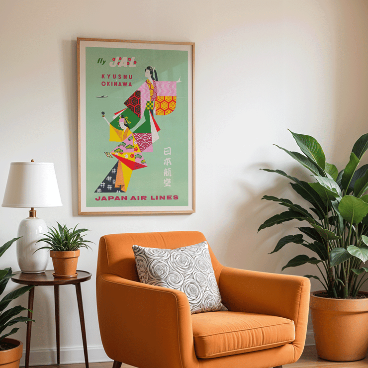 Colorful Japan Air Lines poster Kyushu Okinawa by Japan Air Lines Kyushu-Okinawa. Japan Air Lines poster Kyushu-Okinawa by Anonymous features colorful traditional Japanese figures promoting air travel.