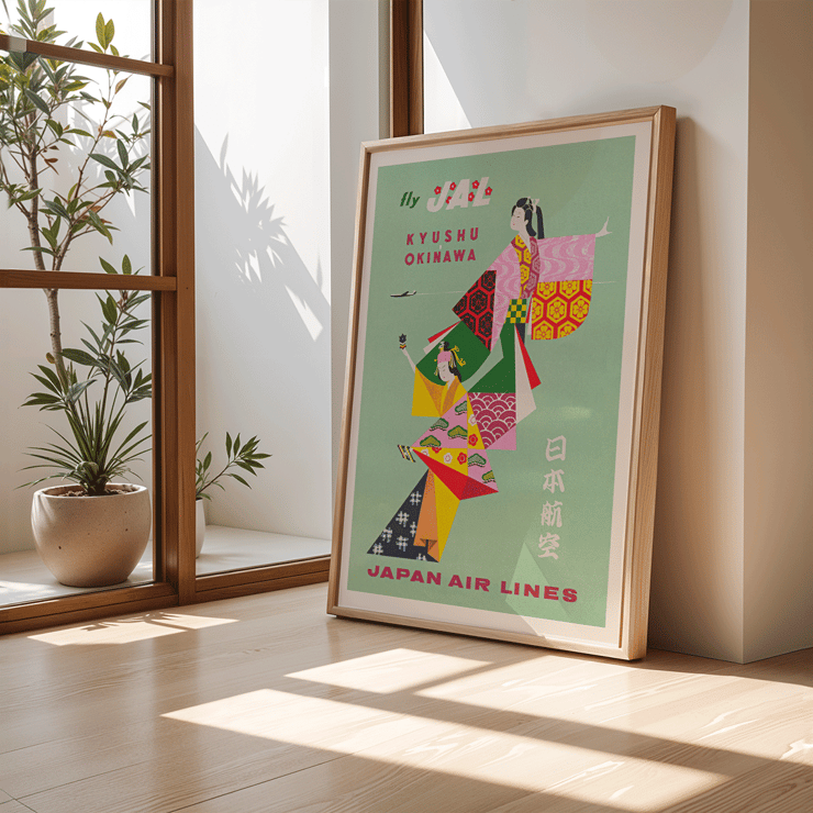 Colorful Japan Air Lines poster Kyushu Okinawa by Japan Air Lines Kyushu-Okinawa. Japan Air Lines poster Kyushu-Okinawa by Anonymous features colorful traditional Japanese figures promoting air travel.