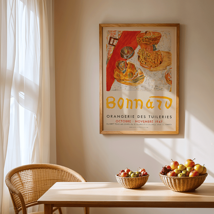 Poster of Bonnard's artwork at Orangerie des Tuileries exhibition featuring vibrant still life. Poster for Exposition Bonnard at Orangerie des Tuileries featuring a vibrant still life painting by artist Bonnard.