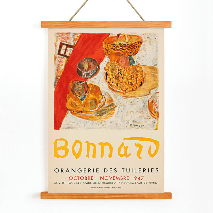 Poster of Bonnard's artwork at Orangerie des Tuileries exhibition featuring vibrant still life. Poster for Exposition Bonnard at Orangerie des Tuileries featuring a vibrant still life painting by artist Bonnard.