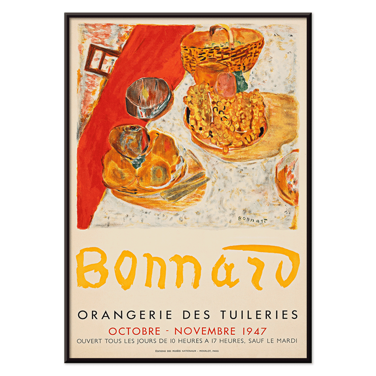 Poster of Bonnard's artwork at Orangerie des Tuileries exhibition featuring vibrant still life. Poster for Exposition Bonnard at Orangerie des Tuileries featuring a vibrant still life painting by artist Bonnard.