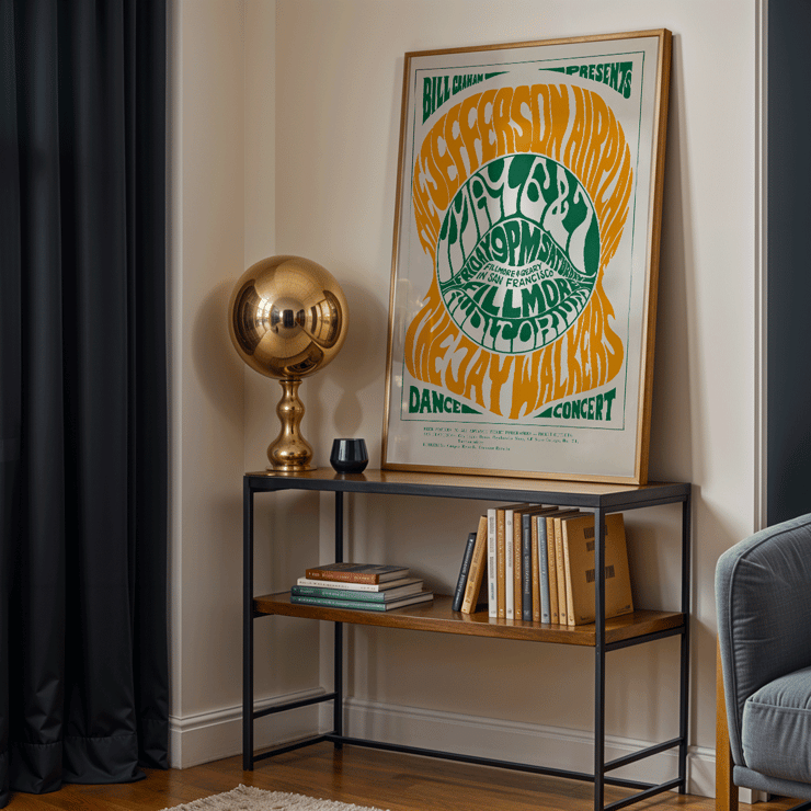 Psychedelic concert poster by Wes Wilson featuring The Jefferson Airplane Jay Walkers at Fillmore Auditorium. Poster design by Wes Wilson for The Jefferson Airplane Jay Walkers at Fillmore Auditorium with vibrant orange and green text.