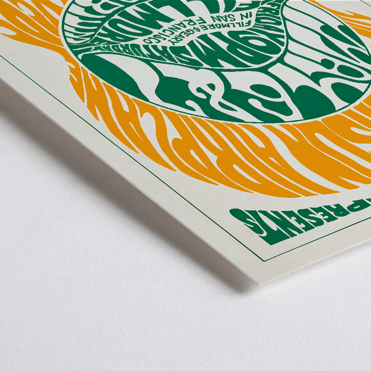 Psychedelic concert poster by Wes Wilson featuring The Jefferson Airplane Jay Walkers at Fillmore Auditorium. Poster design by Wes Wilson for The Jefferson Airplane Jay Walkers at Fillmore Auditorium with vibrant orange and green text.